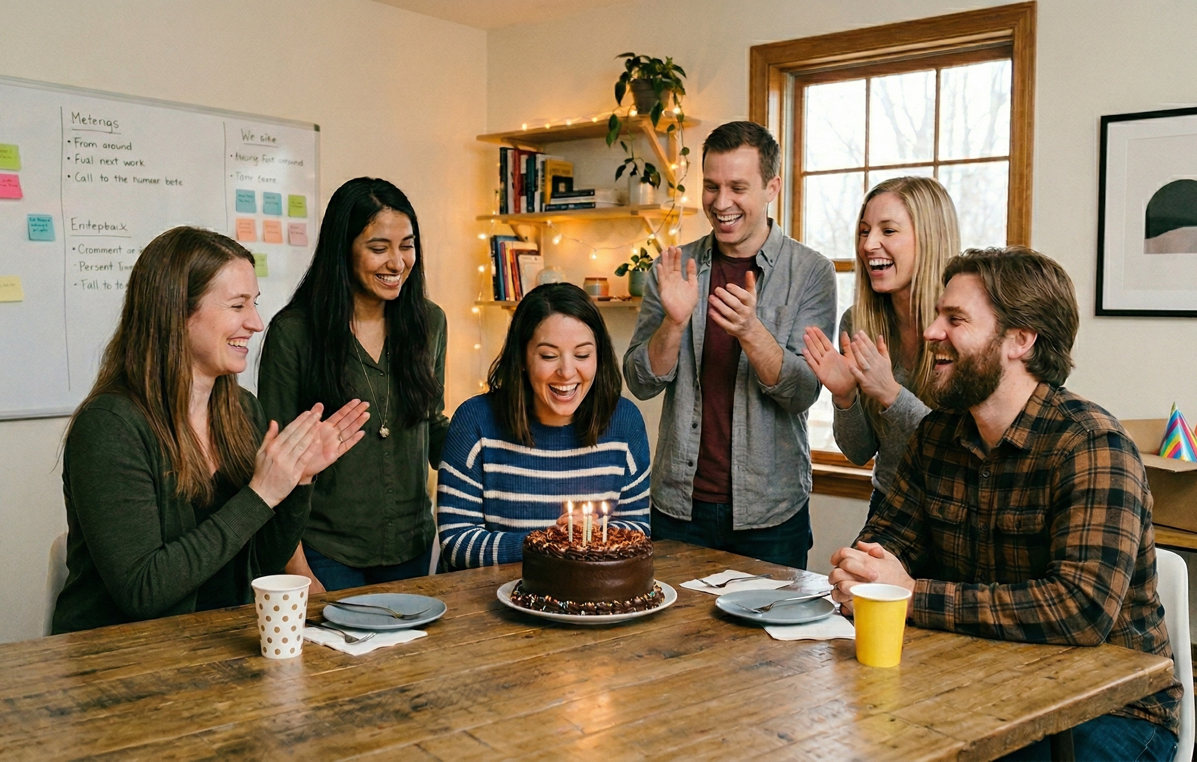 Happy office celebration with cake